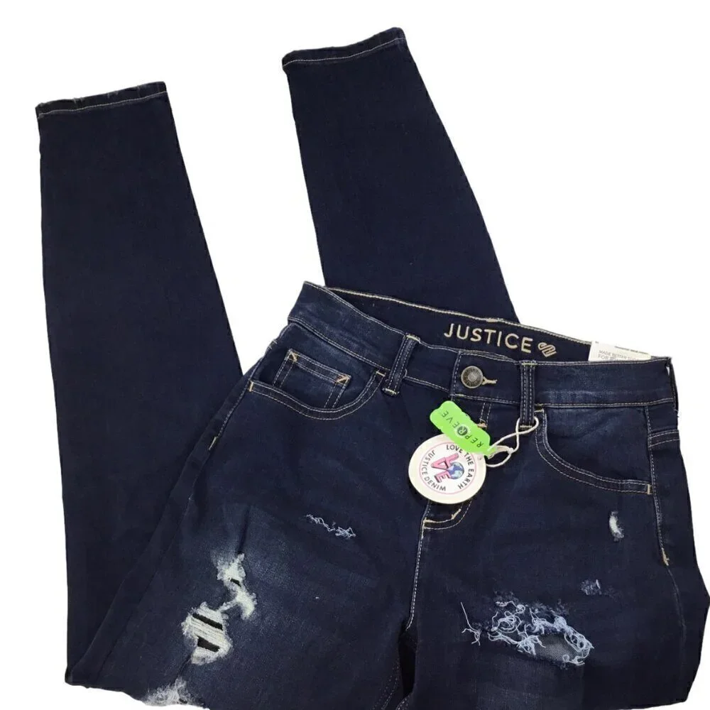 Justice Denim Jeans NWT High Rise Jegging Size 16 Repreve Distressed Dark Wash